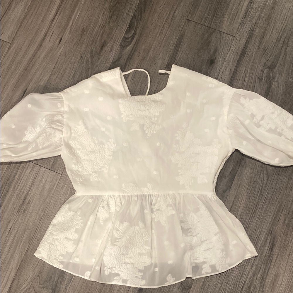 Ted Baker London White Peplum Blouse with Puff Sleeves